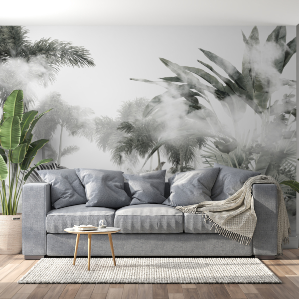 Nástěnná malba vrcholků palem za mlhou