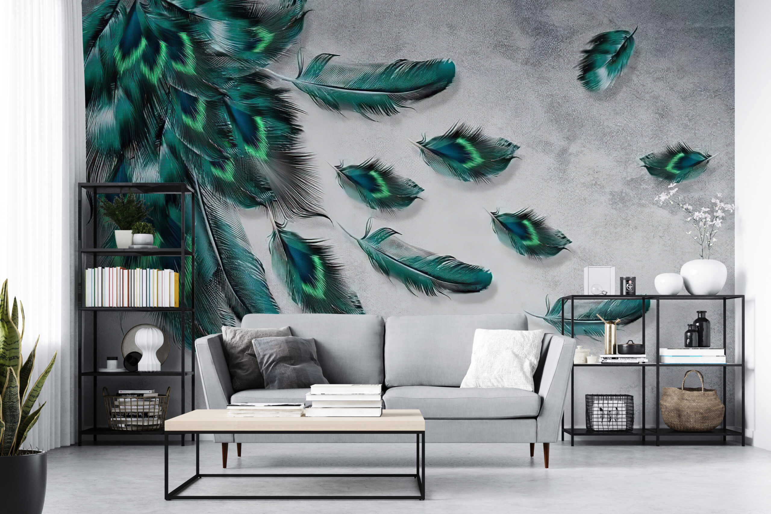 Zelená nástěnná malba Peacock Feather