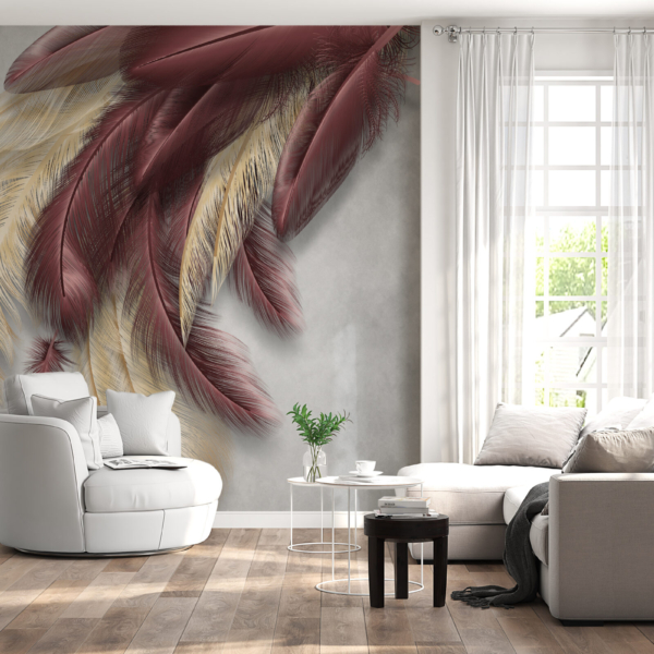 Nástěnná malba zlatých a bordó peří