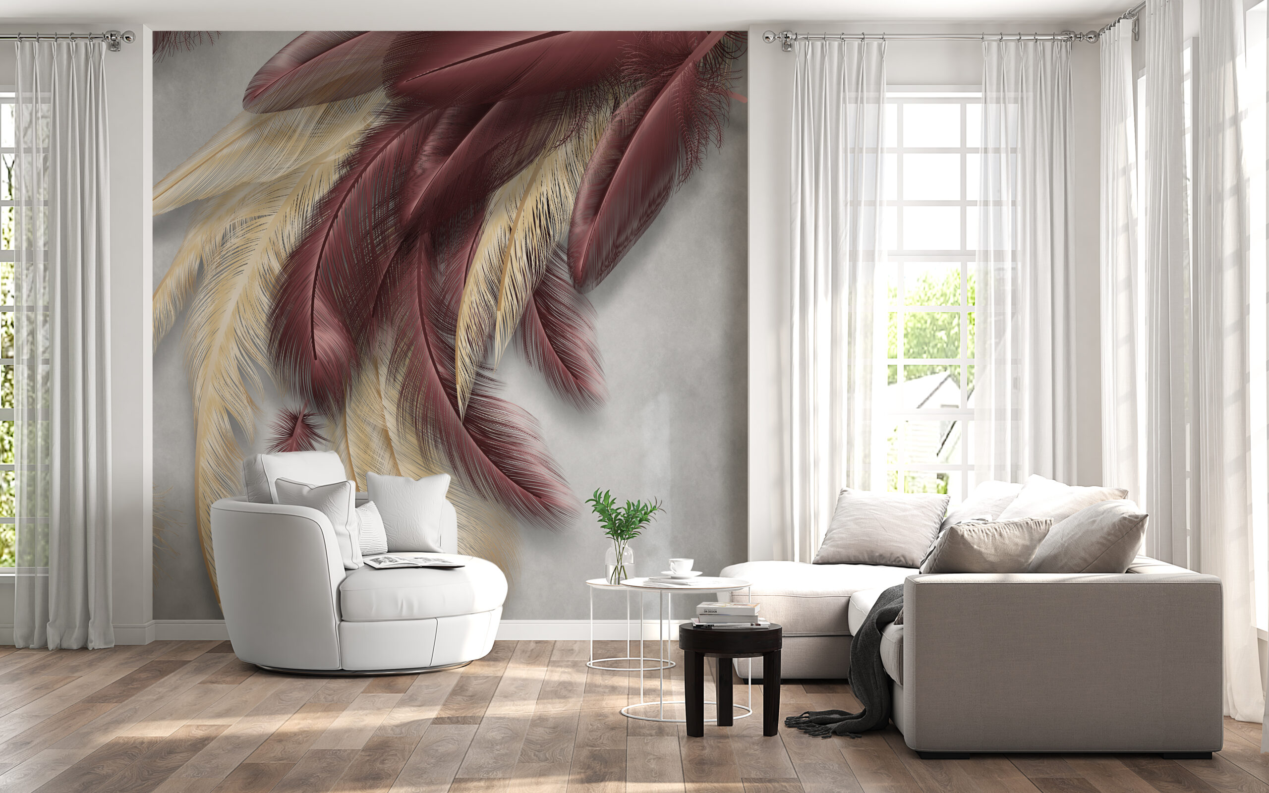 Nástěnná malba zlatých a bordó peří