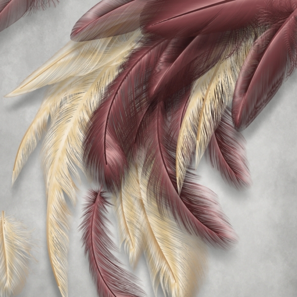 Nástěnná malba zlatých a bordó peří