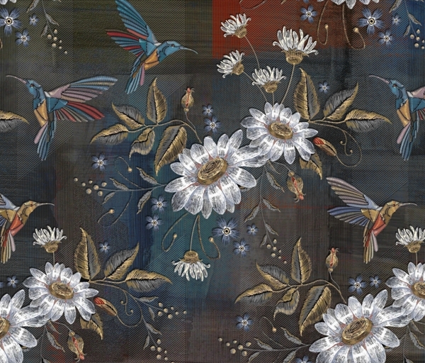 Nástěnná malba Bílé květiny a kolibříci