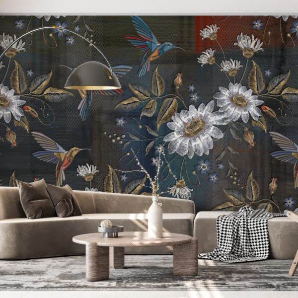 Nástěnná malba Bílé květiny a kolibříci