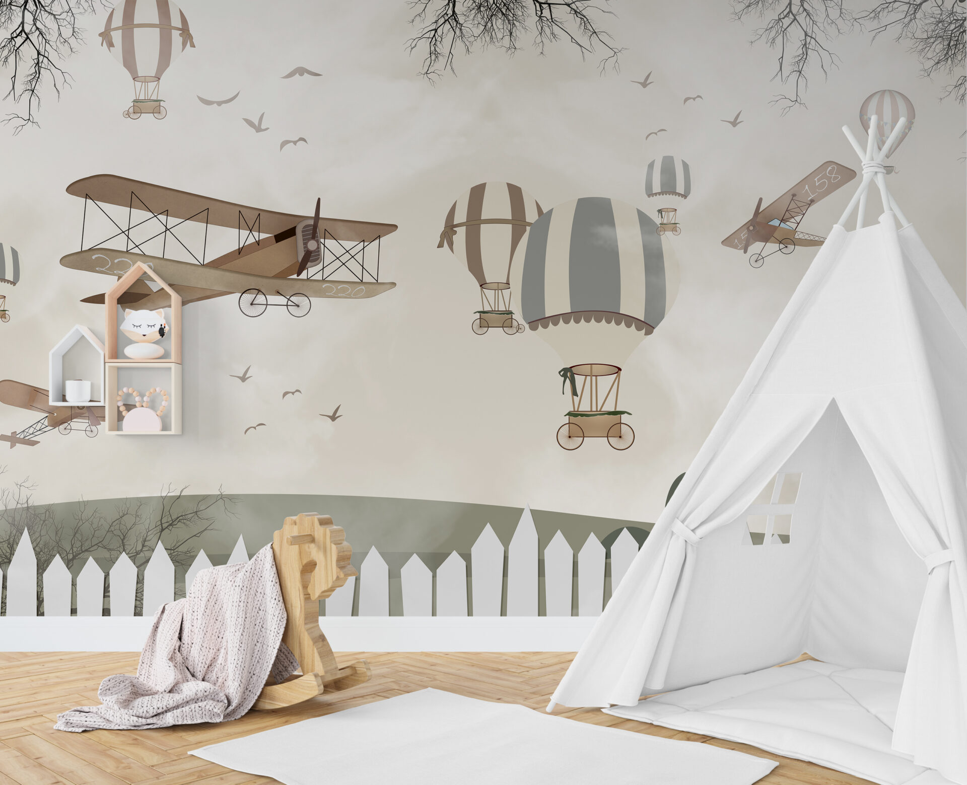 Nástěnná malba barevných balónů a letadel na obloze