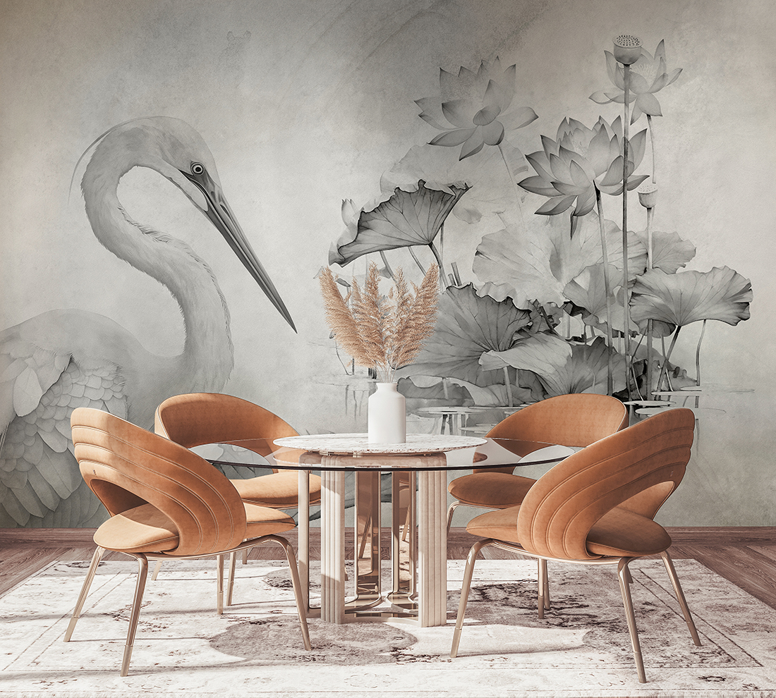 Nástěnná malba jeřába mezi květinami