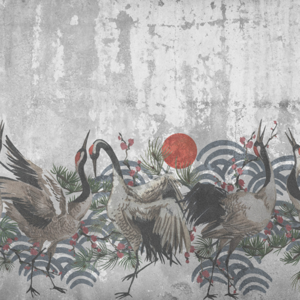 Nástěnná malba jeřábů při západu slunce