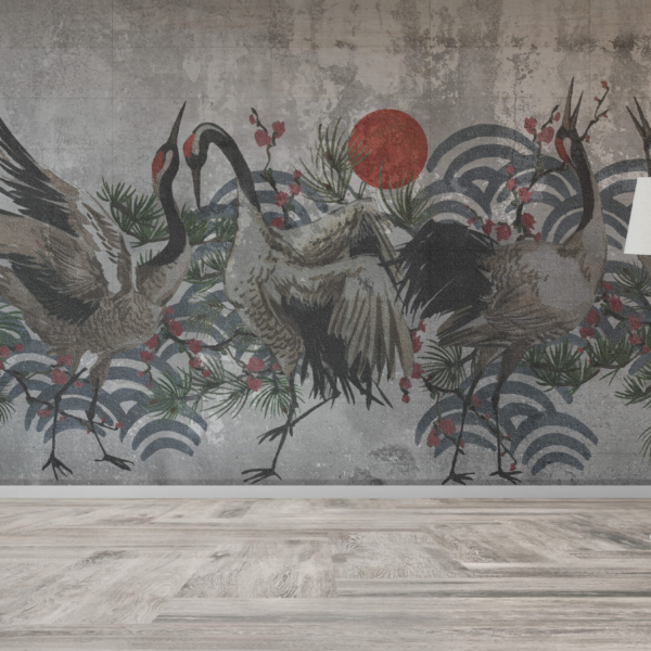 Nástěnná malba jeřábů při západu slunce