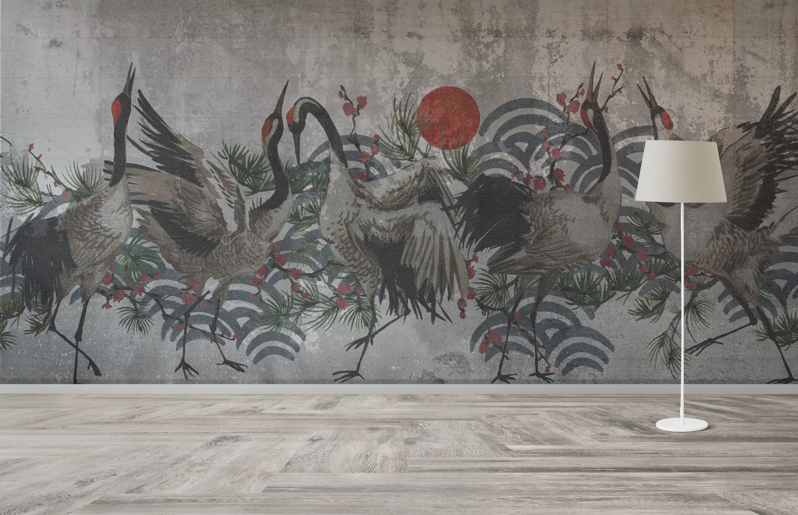 Nástěnná malba jeřábů při západu slunce