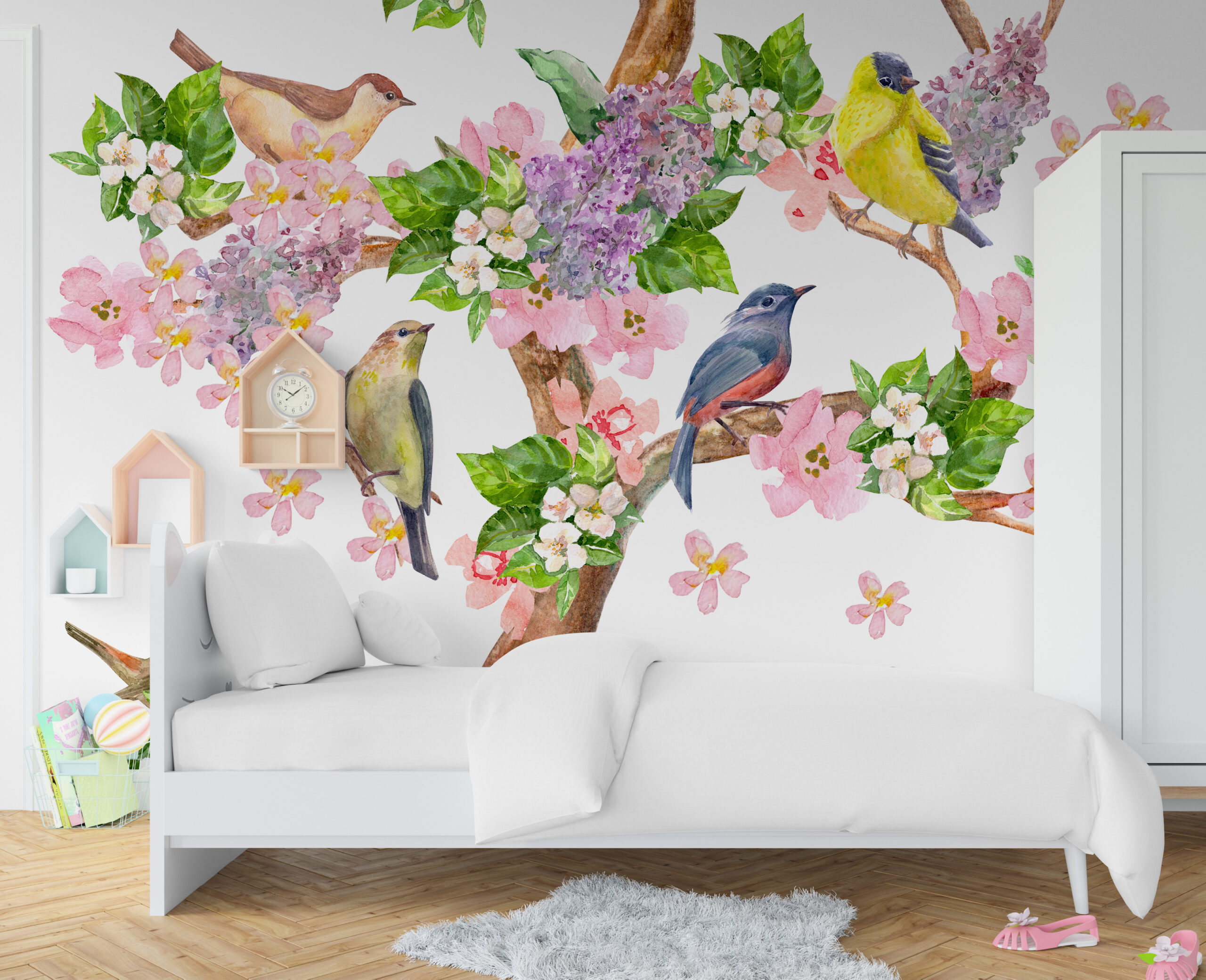 Nástěnná malba Ptáci na větvi stromu