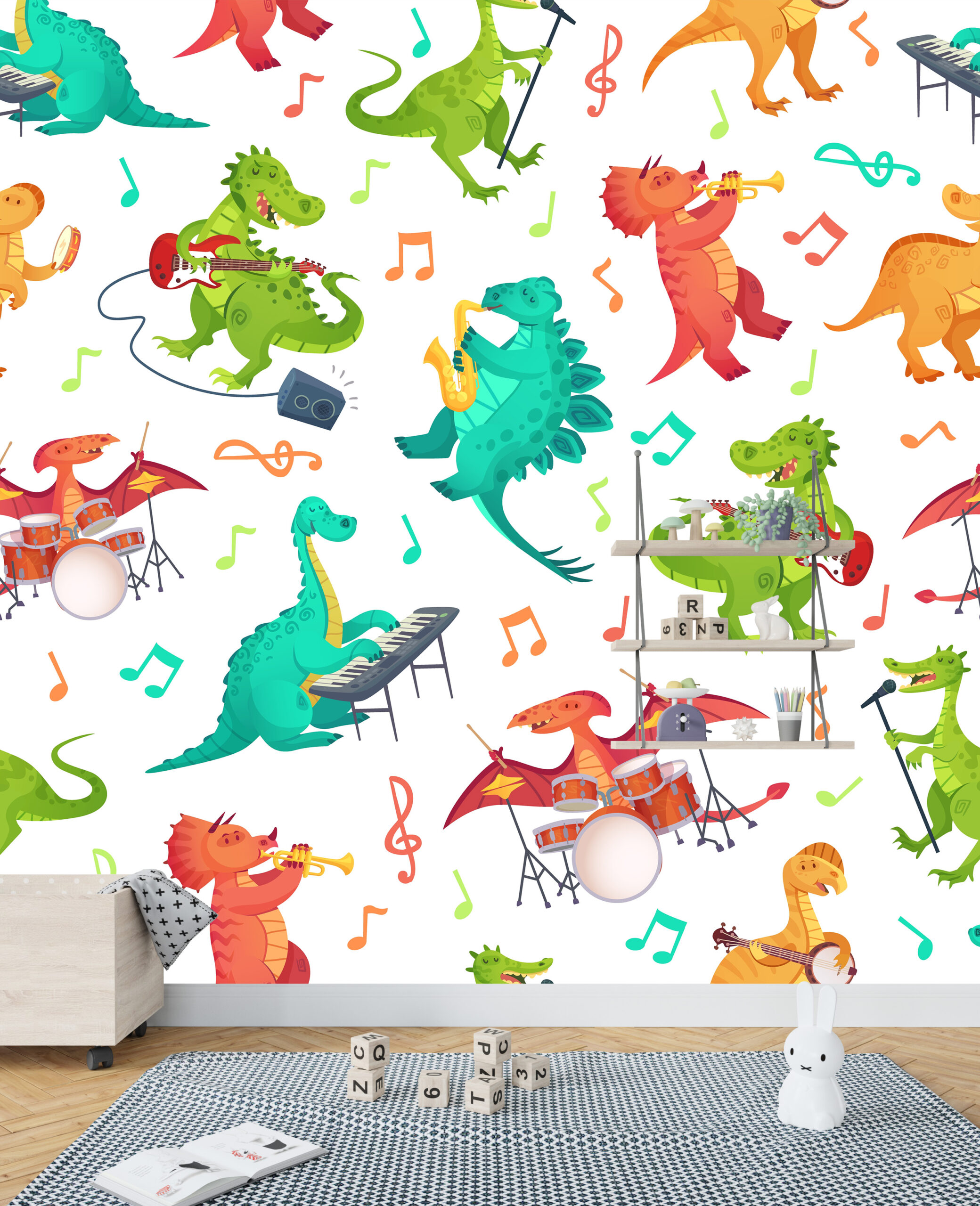 Nástěnná malba hudebních dinosaurů