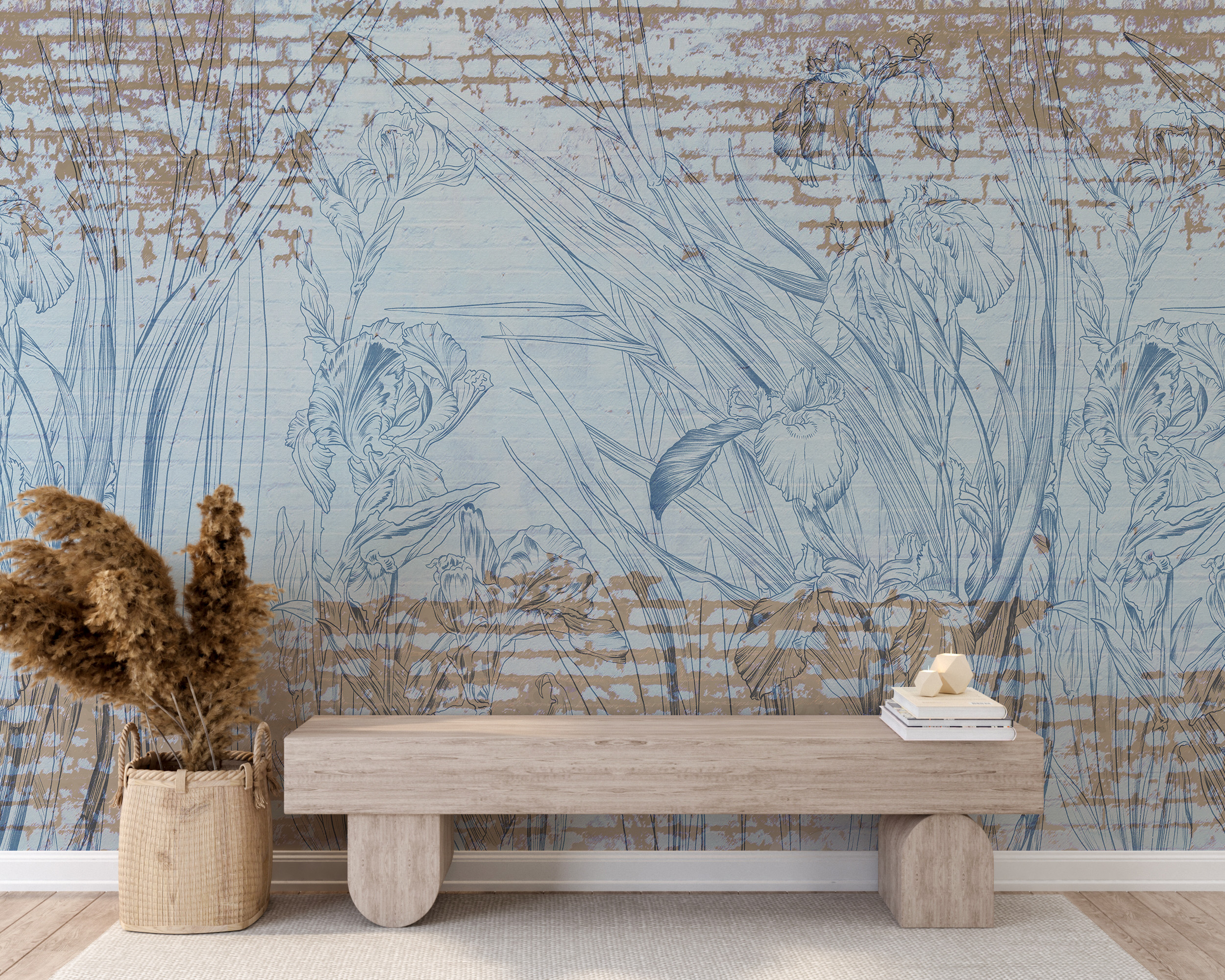 Modrá květinová nástěnná malba