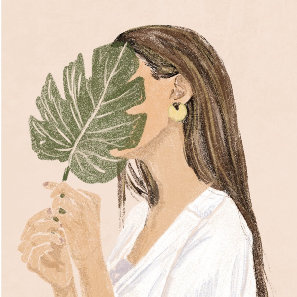 Nástěnná malba ženy a listu monstery