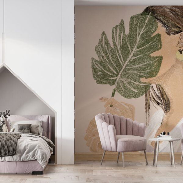 Nástěnná malba ženy a listu monstery