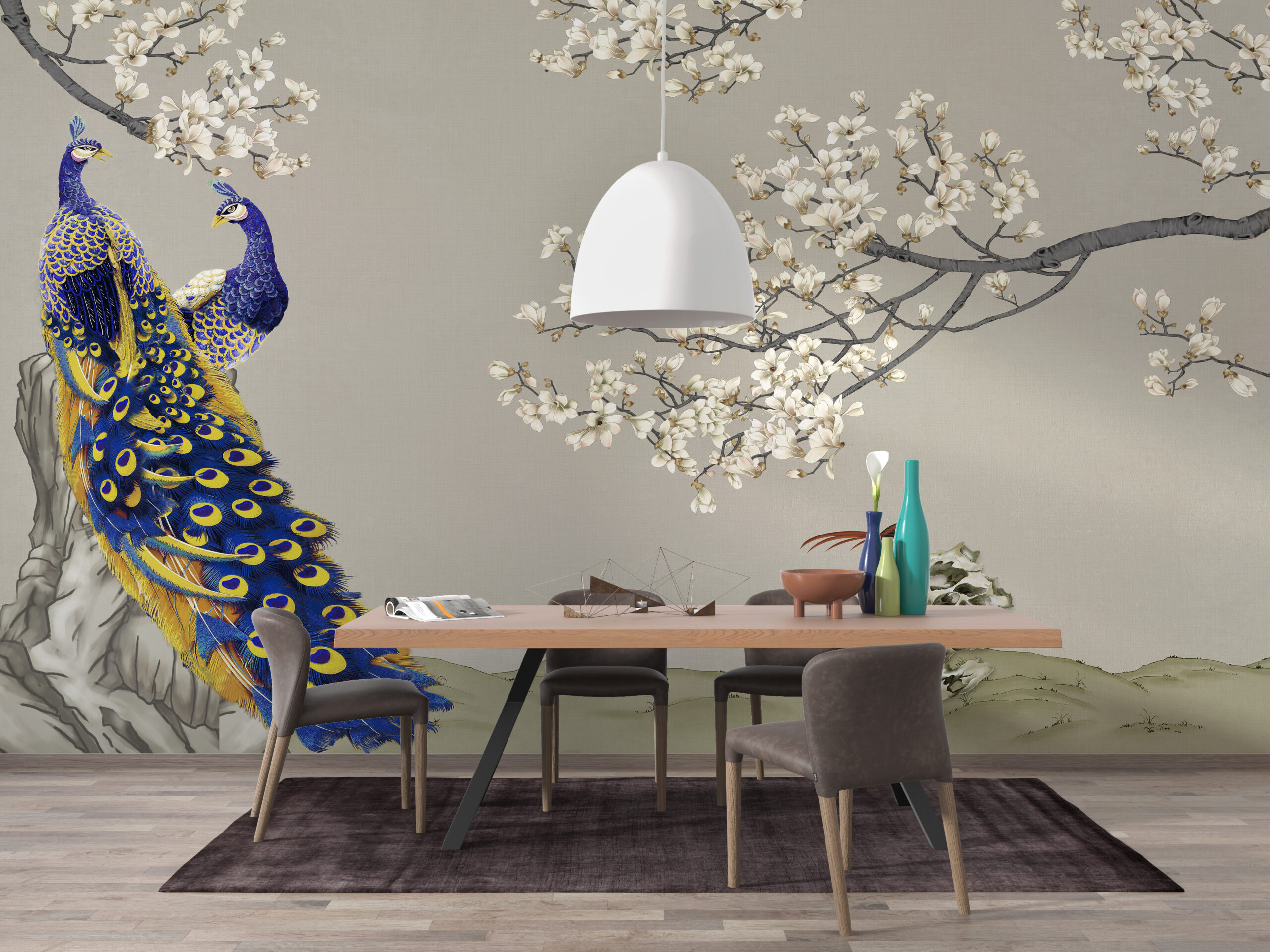 Nástěnná malba páv a třešňový květ