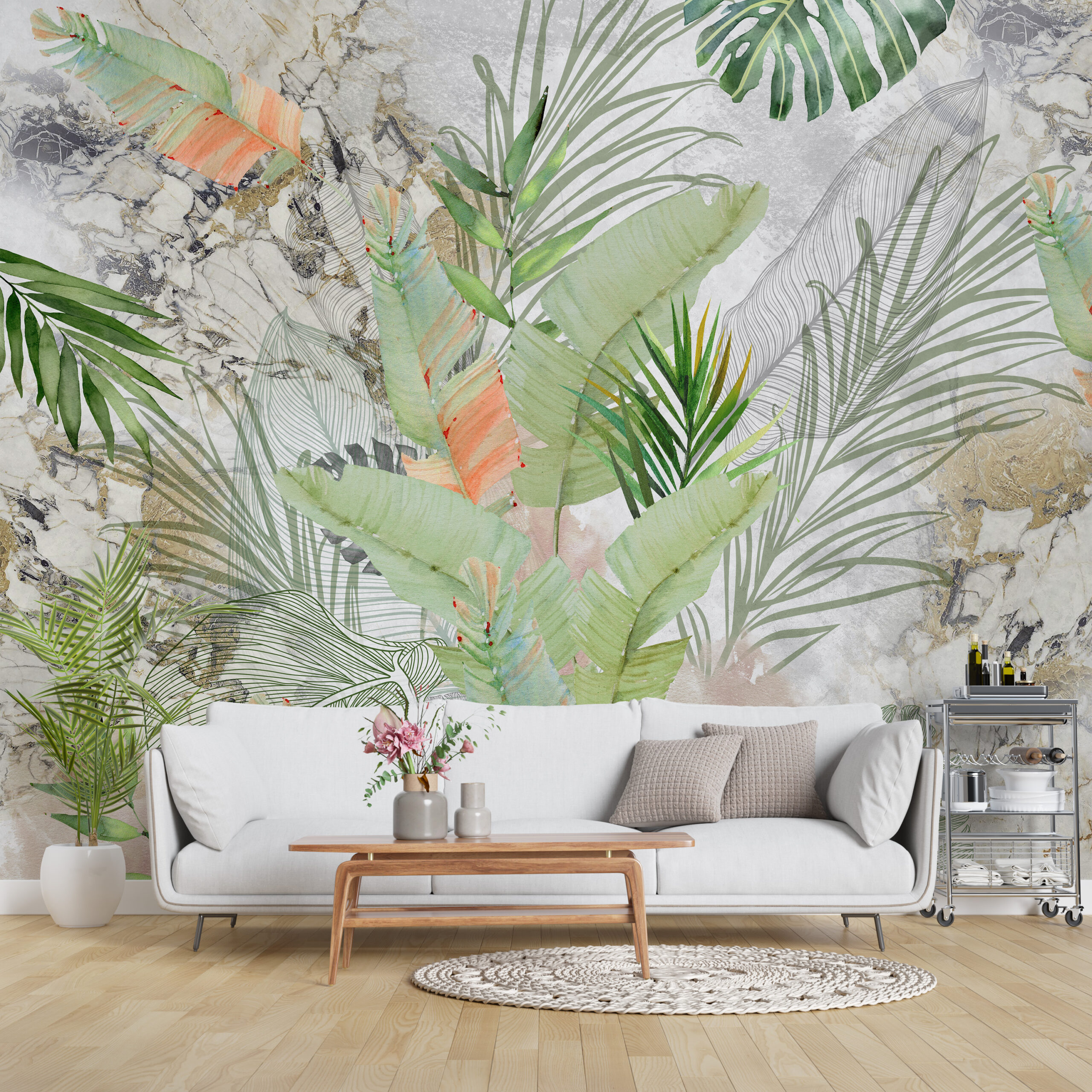 Nástěnná malba Tropické listy v mramoru