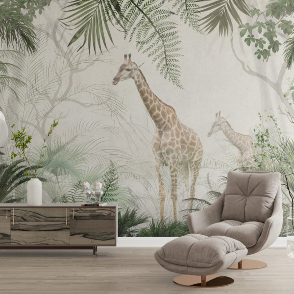 Nástěnná malba žiraf v džungli