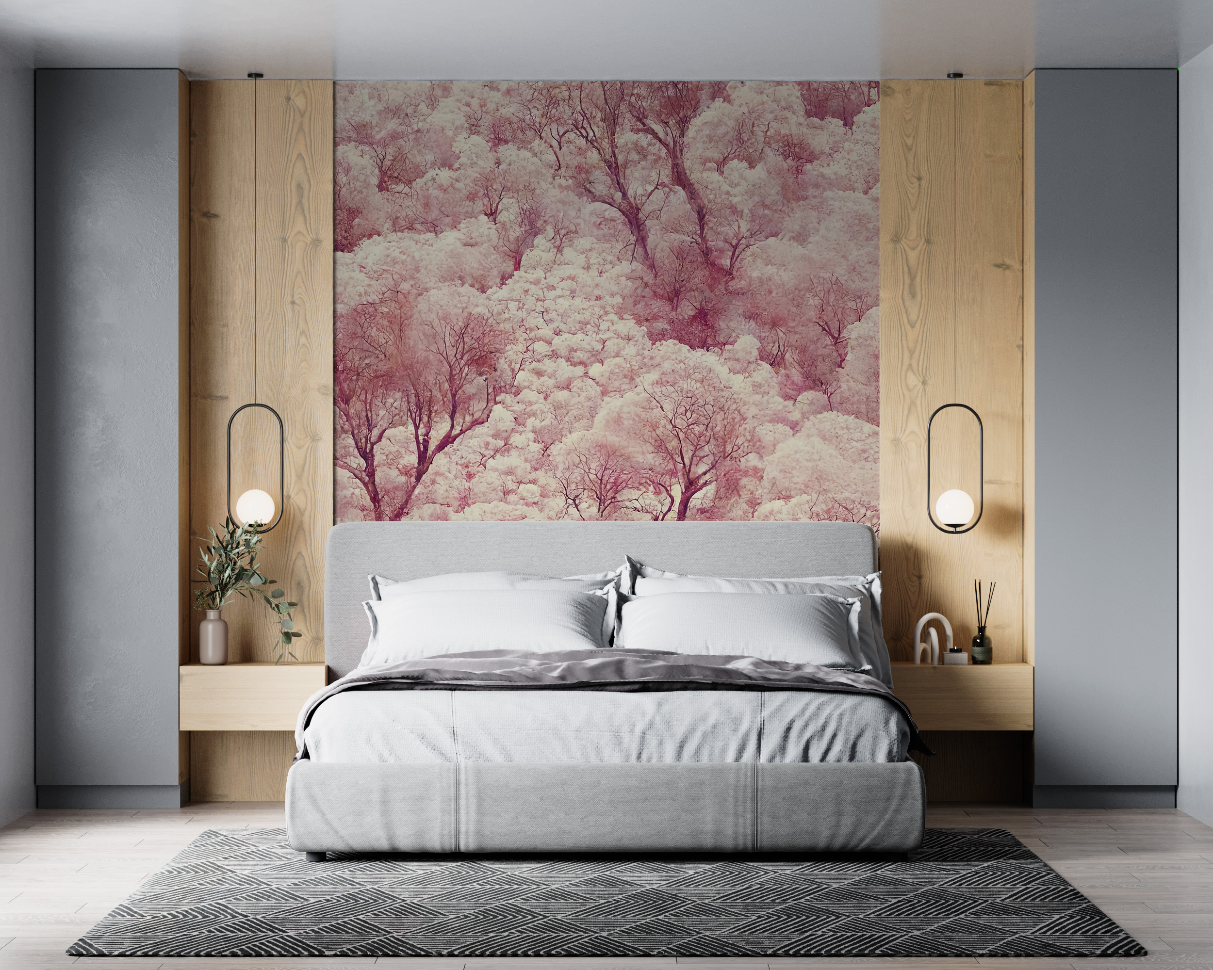 Nástěnná malba růžového lesa z letu ptáka