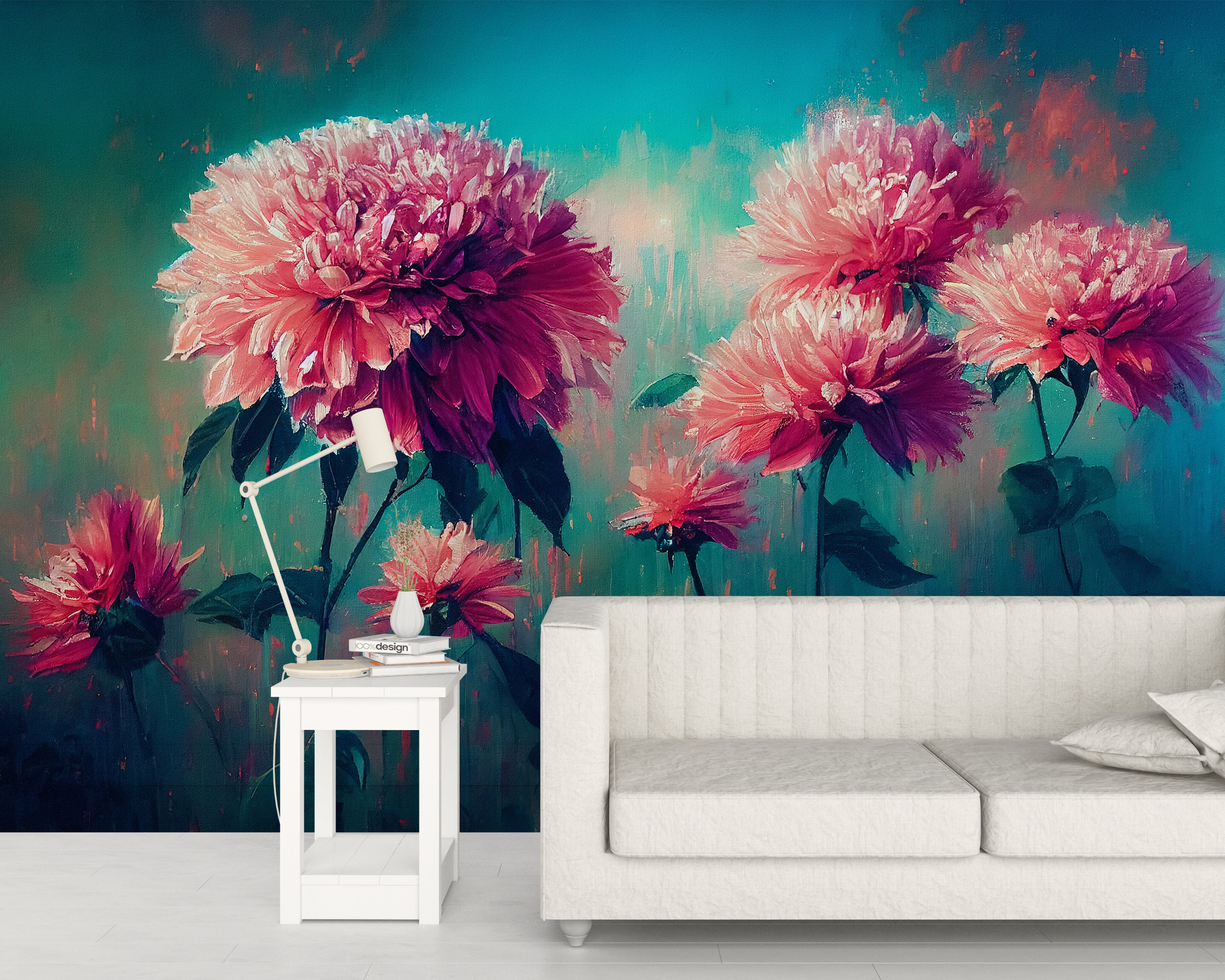 Nástěnná malba Růžové květy v tyrkysové barvě