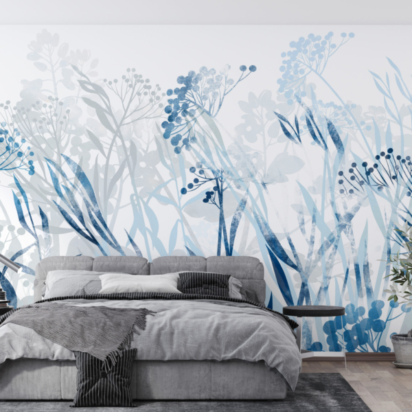 Nástěnná malba Modré květiny v bílé barvě