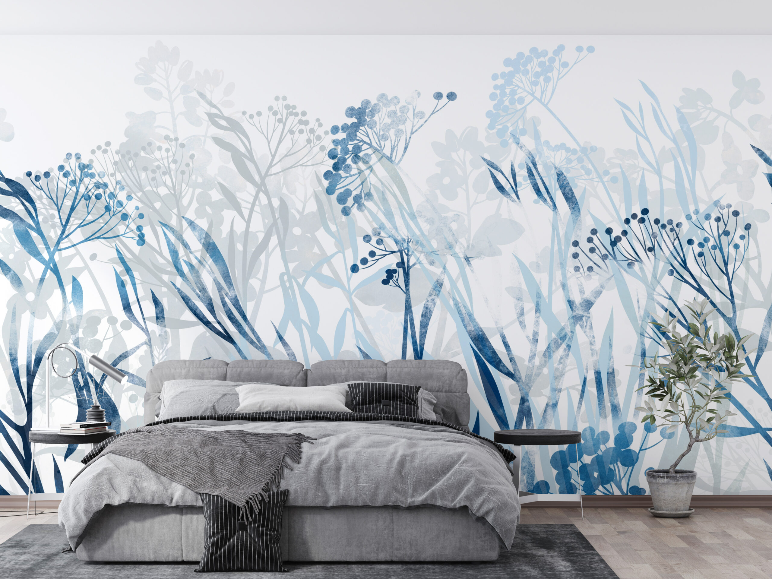 Nástěnná malba Modré květiny v bílé barvě