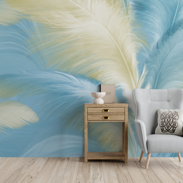 Nástěnná malba modrých a zlatých per