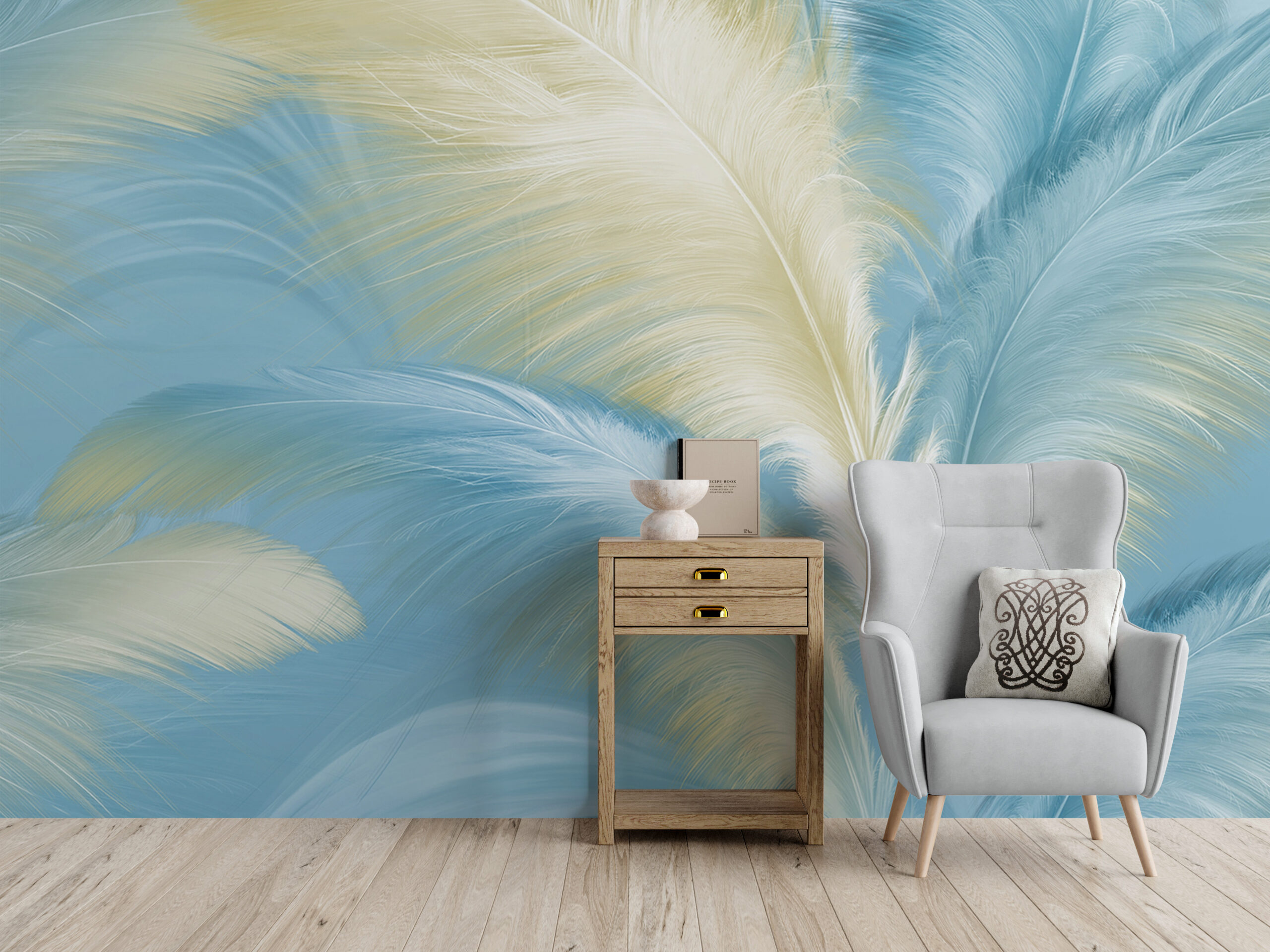 Nástěnná malba modrých a zlatých per