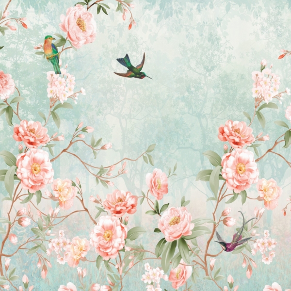 Broskvově růžová květinová nástěnná malba