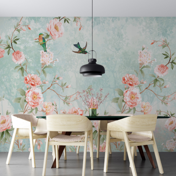 Broskvově růžová květinová nástěnná malba