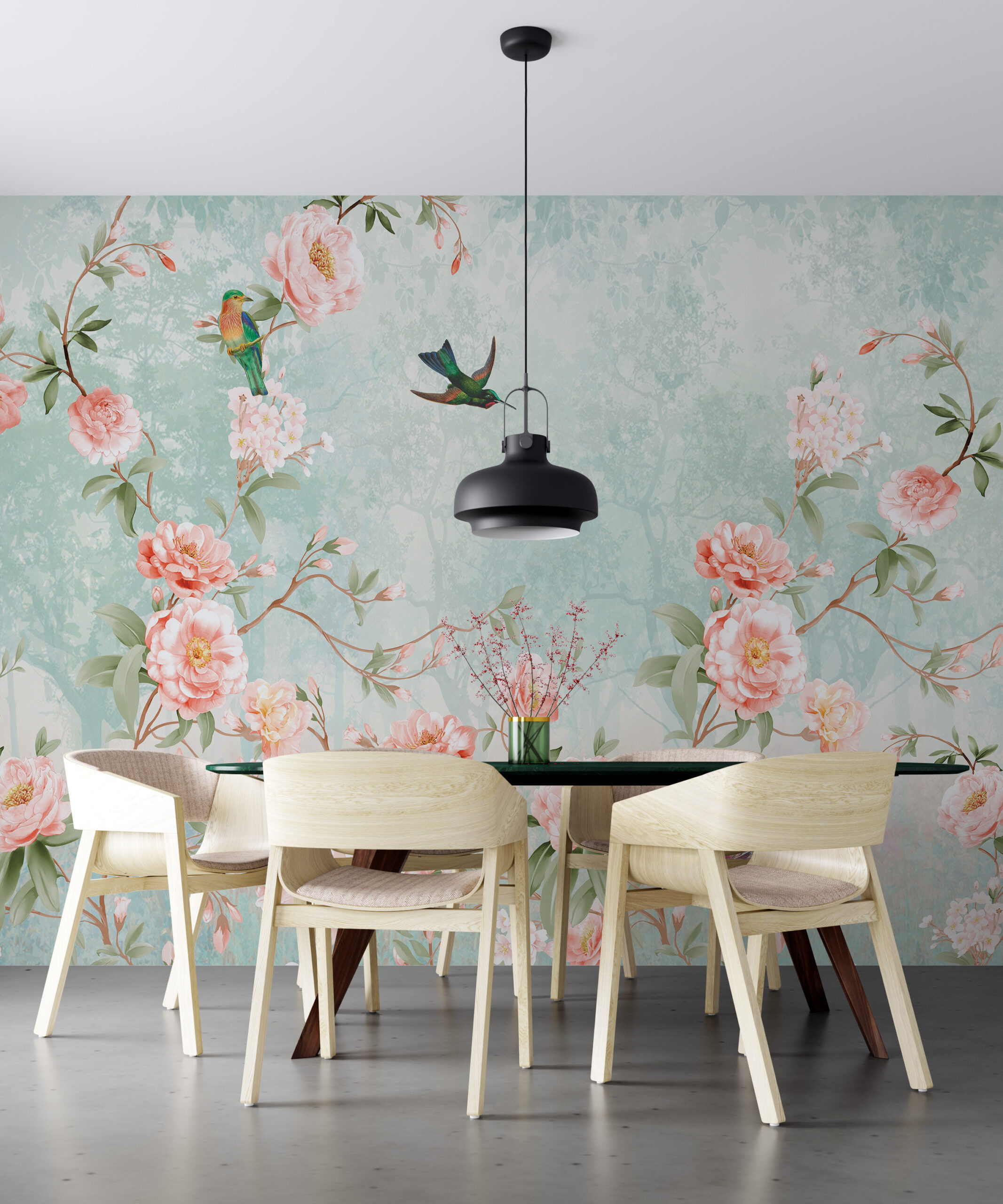 Broskvově růžová květinová nástěnná malba