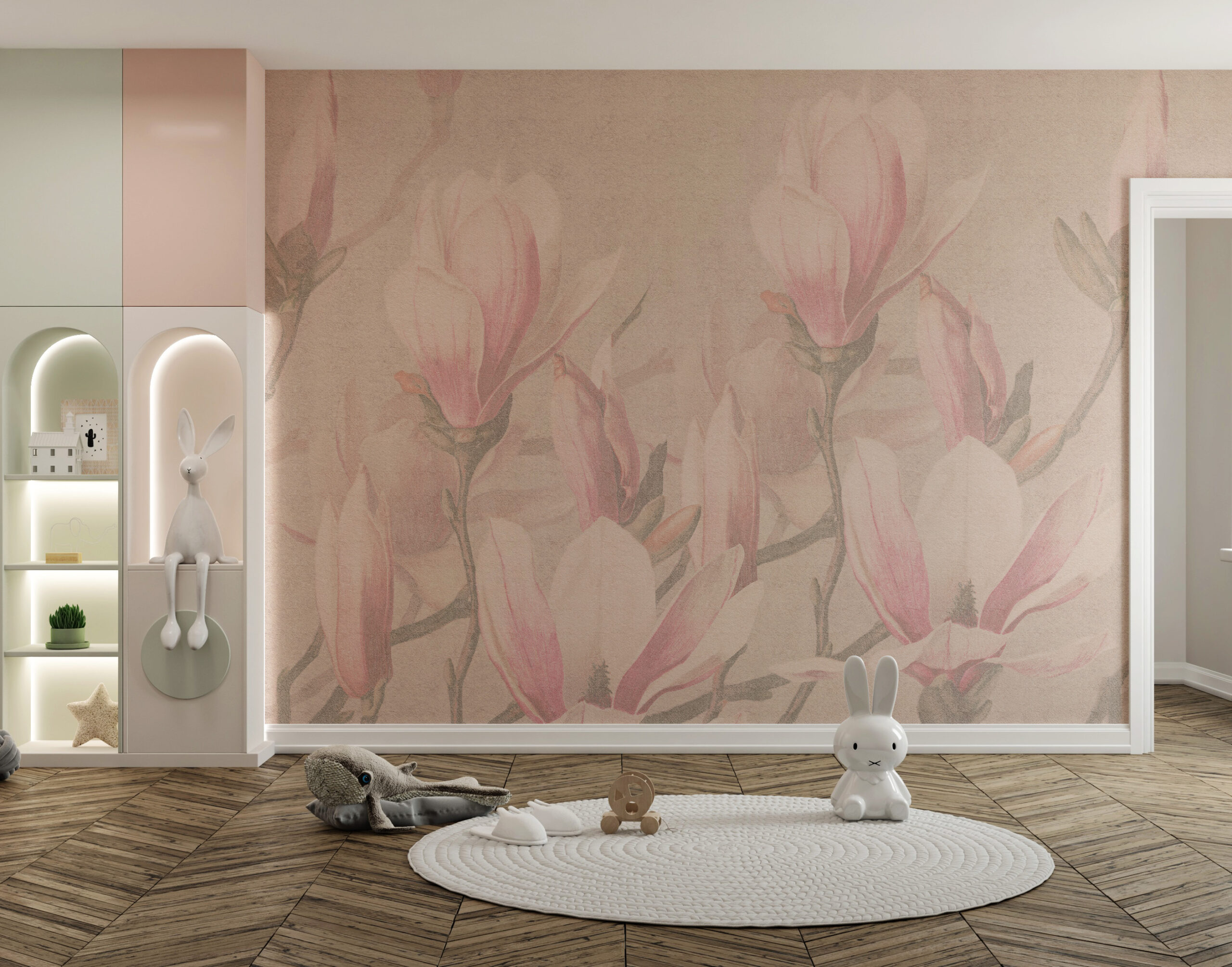 Nástěnná malba Růžové květiny v béžové barvě