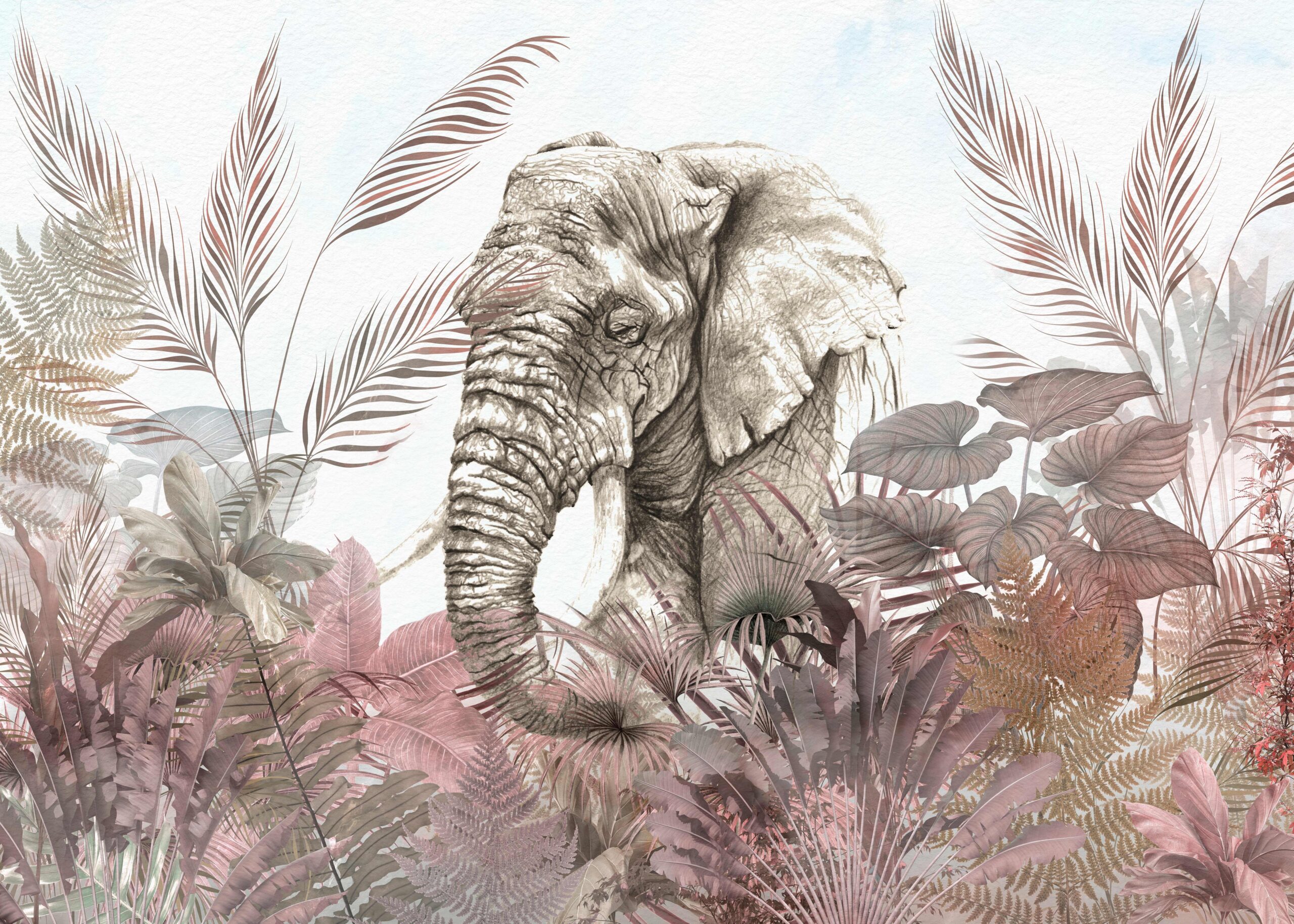 A,Large,Elephant,Mural,Design,Among,The,Leaves.pink,Color,Tones