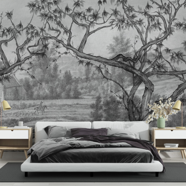 Nástěnná malba Venkovská krajina černobílá