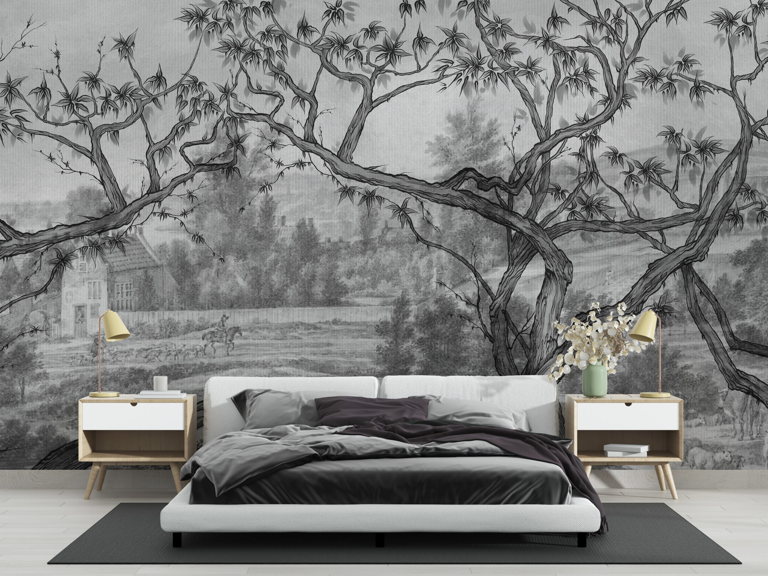 Nástěnná malba Venkovská krajina černobílá