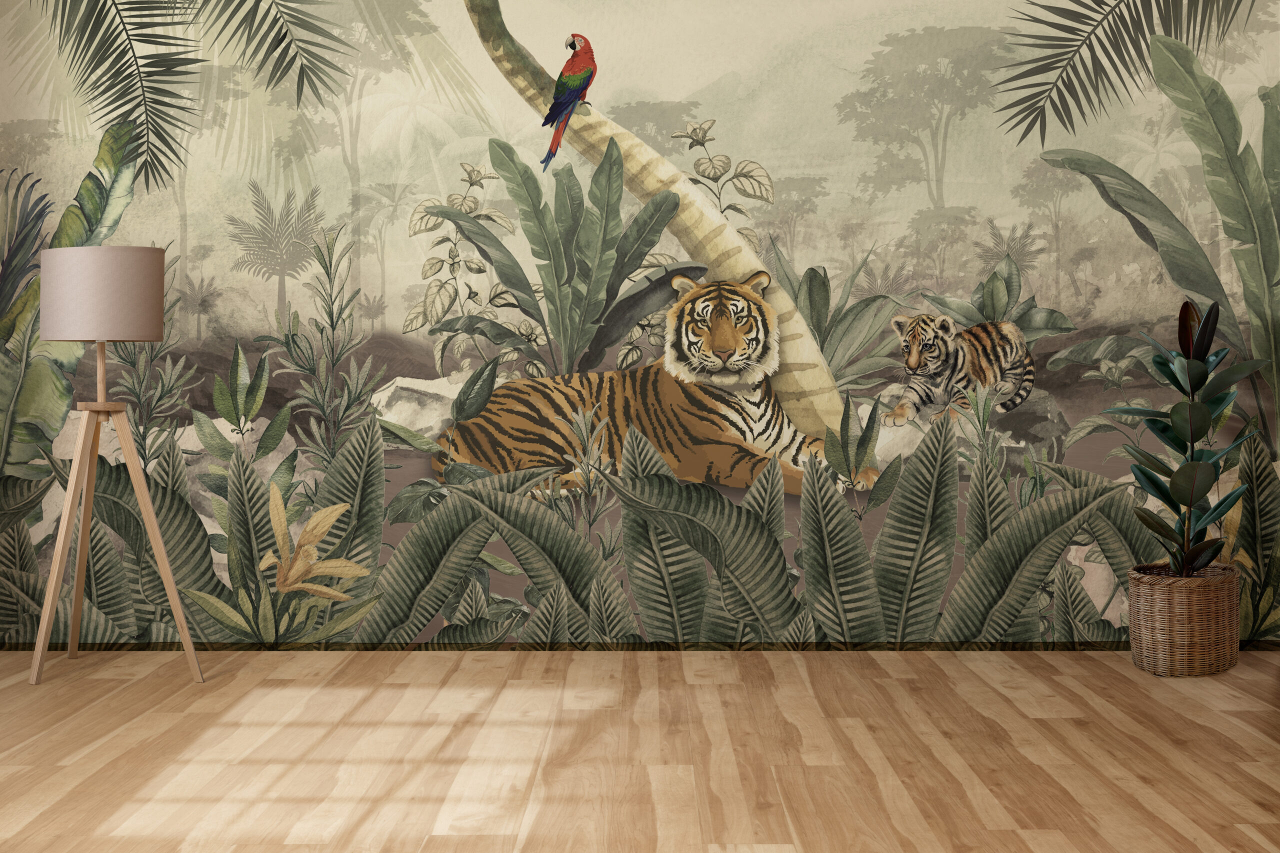 Nástěnná malba Tygři na pozadí džungle