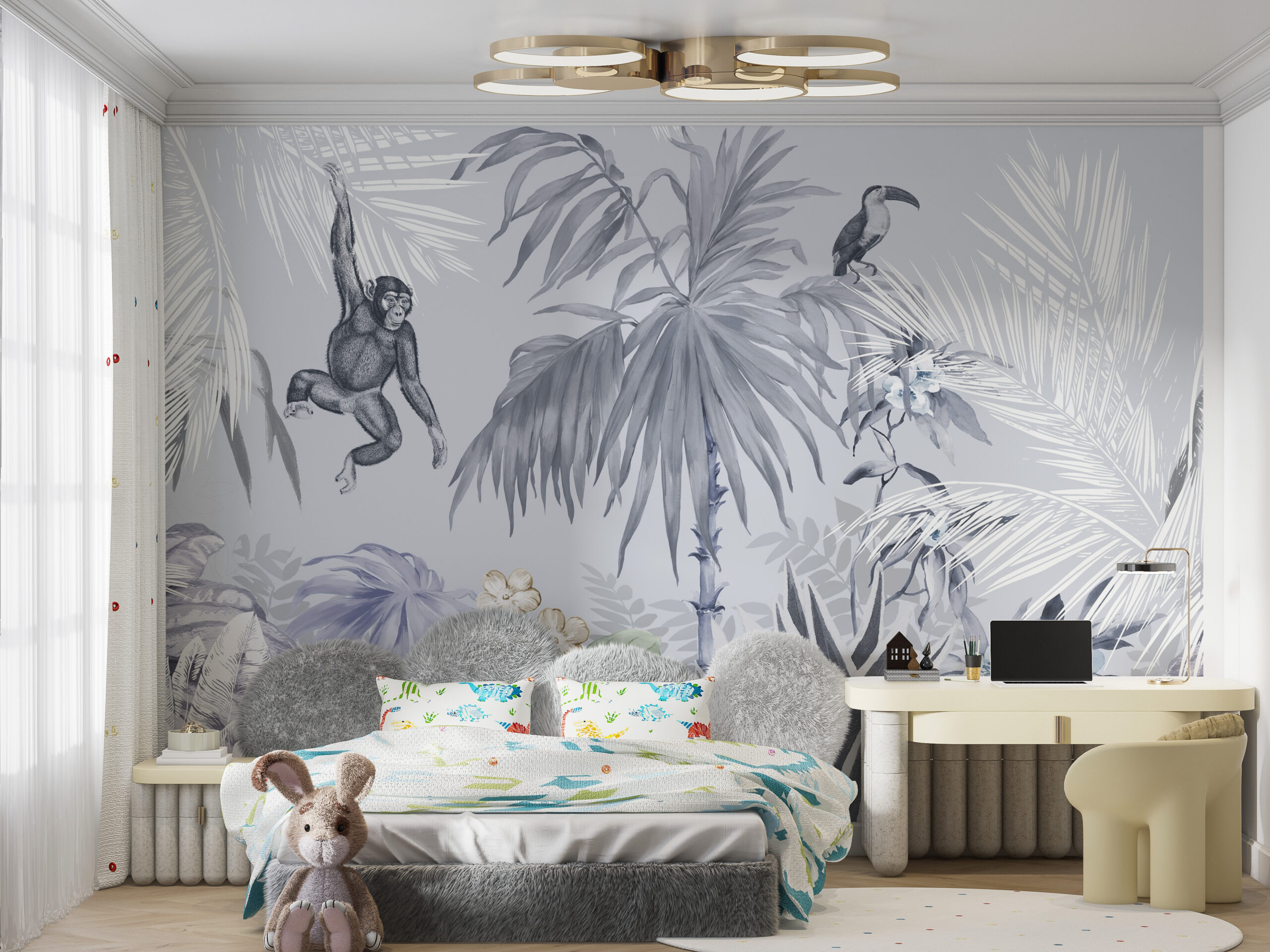 Monkey Jungle Mural White