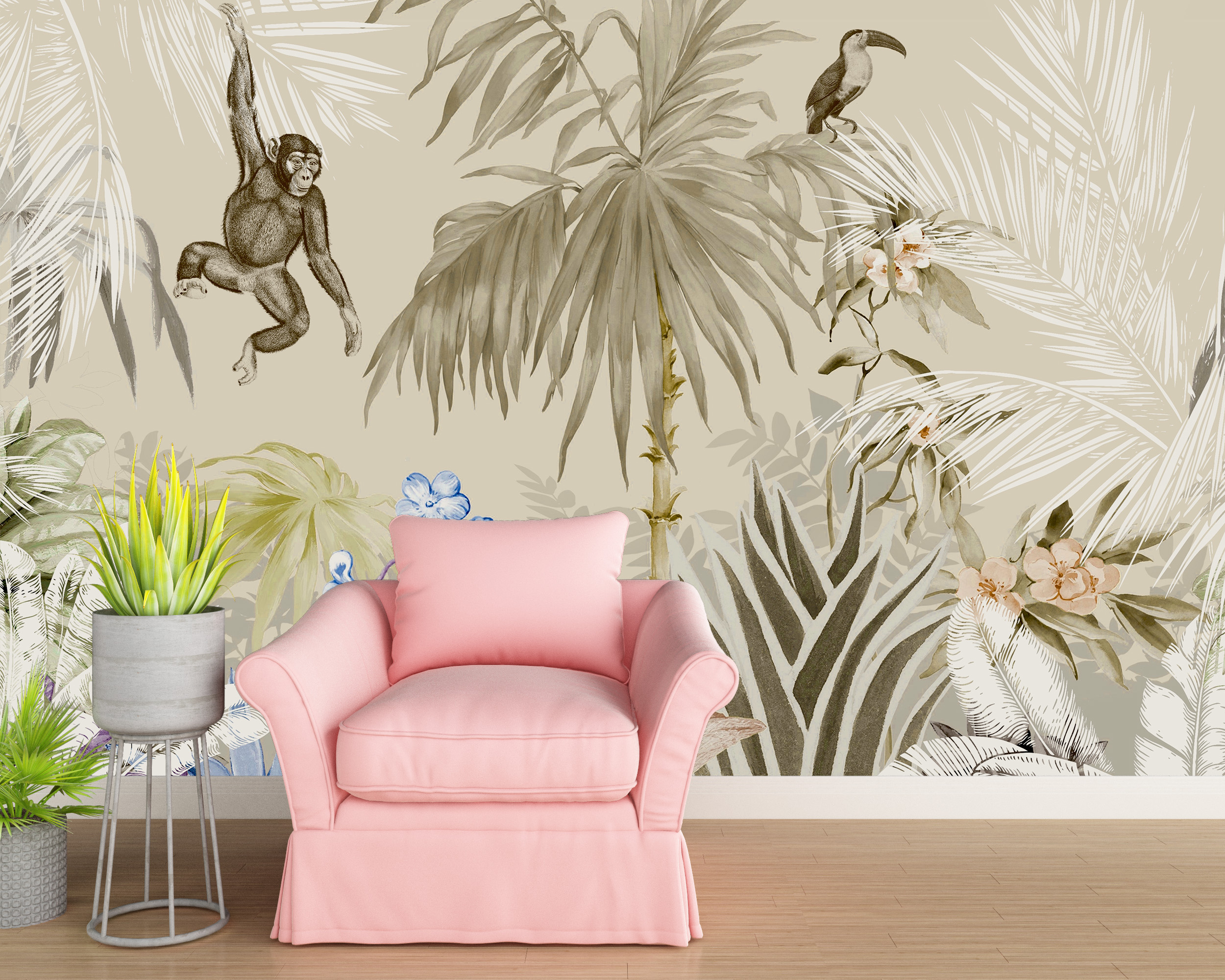 Monkey Jungle Mural Beige