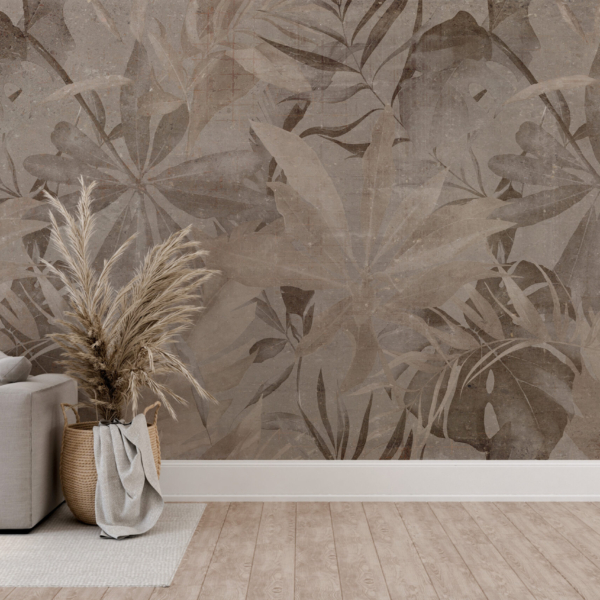 Nástěnná malba listů v béžové a hnědé barvě