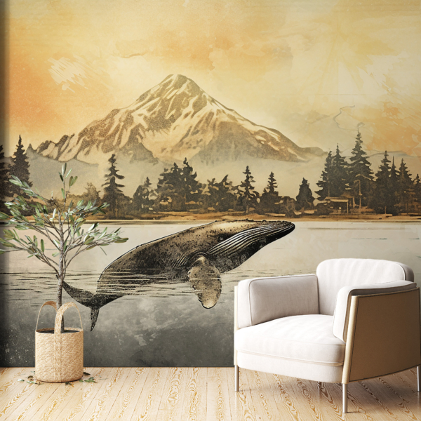 Nástěnná malba velryby při západu slunce
