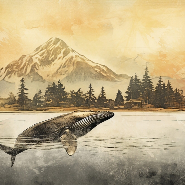 Nástěnná malba velryby při západu slunce