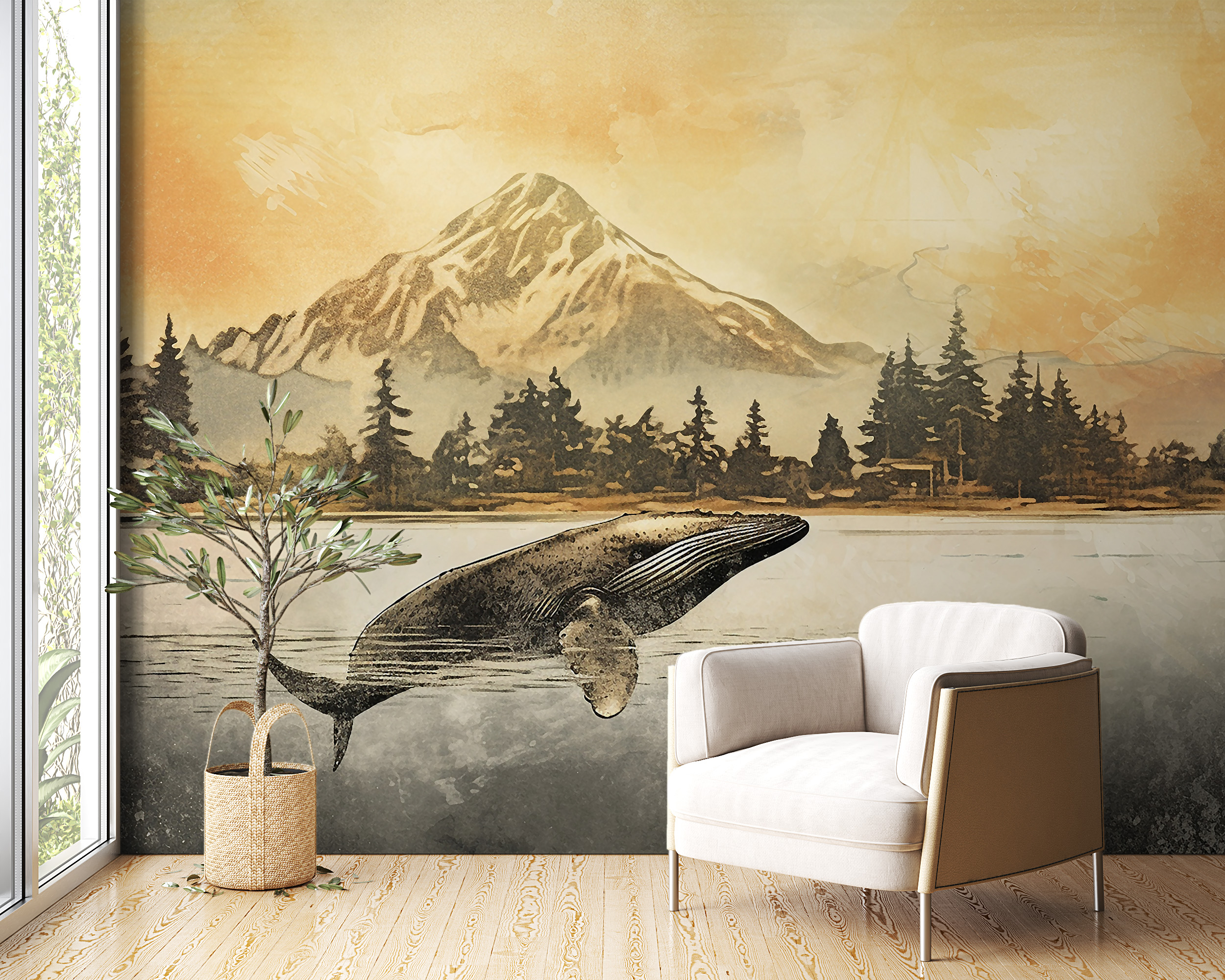 Nástěnná malba velryby při západu slunce