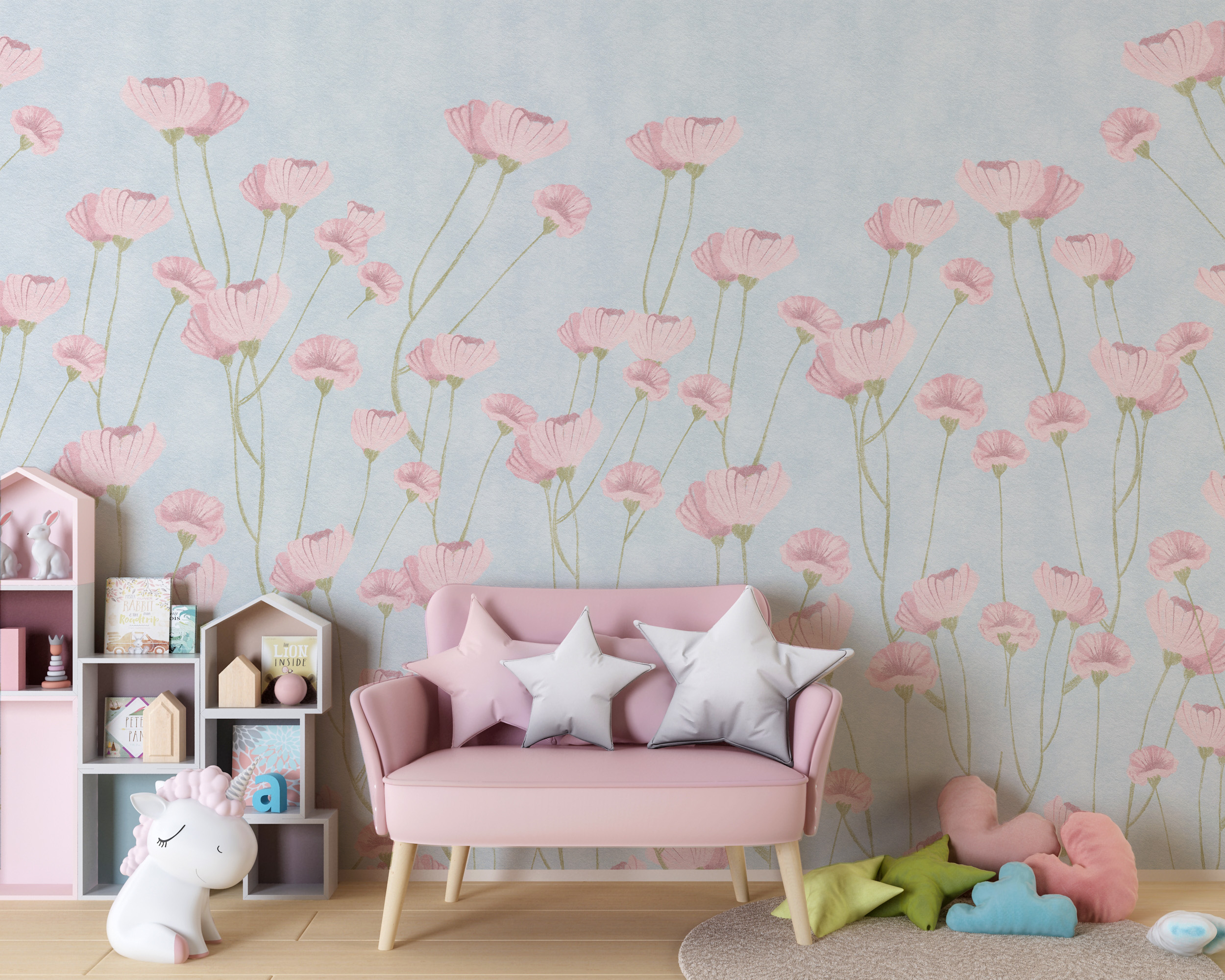 Fototapeta Růžové květiny na modrém pozadí