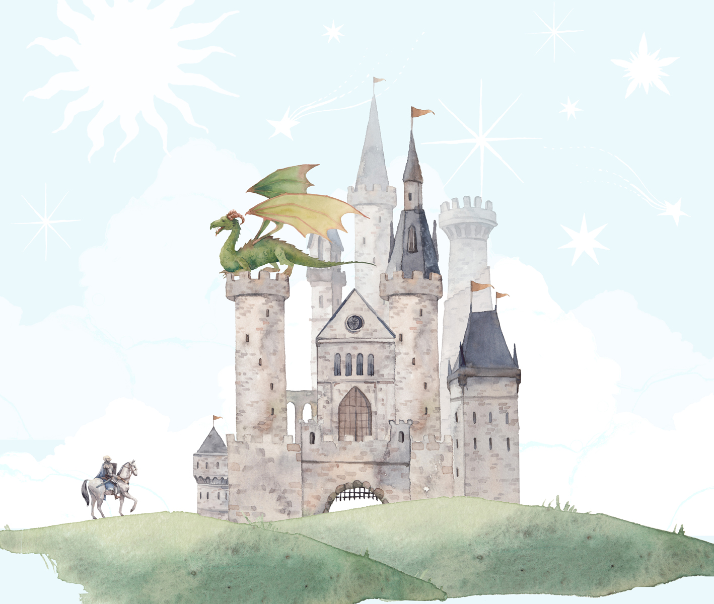 Fairytale illustration with dragon tower and knight. Watercolor