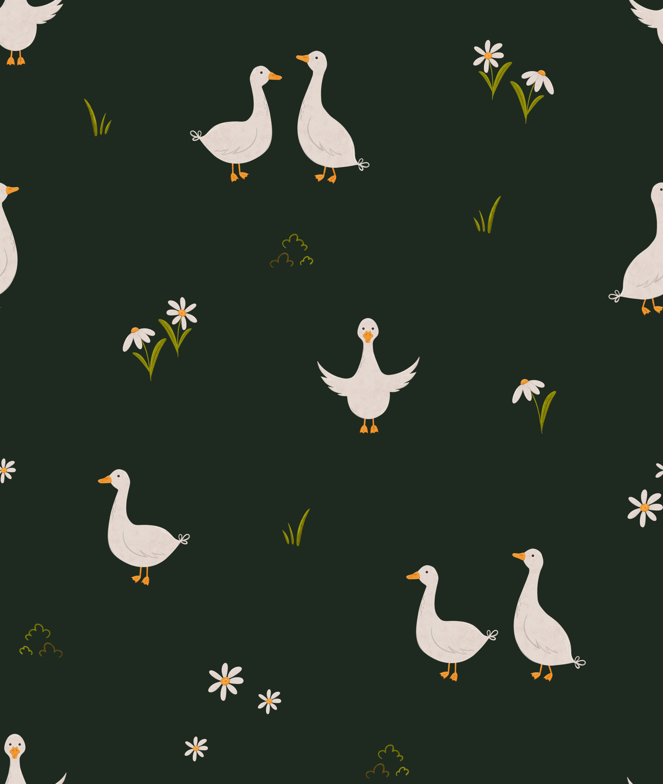 Seamless minimal pattern with goose and simple daisy flowers. Domestic geese and chamomile background in scandinavian style. Scandi repeating texture for wrapping paper, fabric, wallpaper