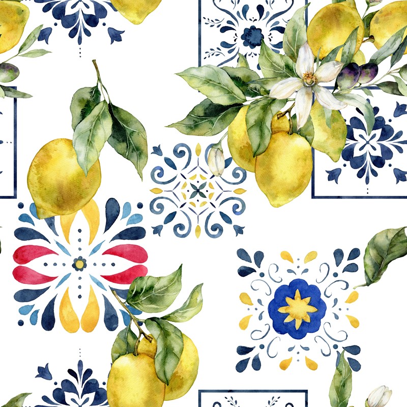 Watercolor,Tropical,Seamless,Pattern,Of,Ripe,Lemons,,Flowers,And,Tiles.