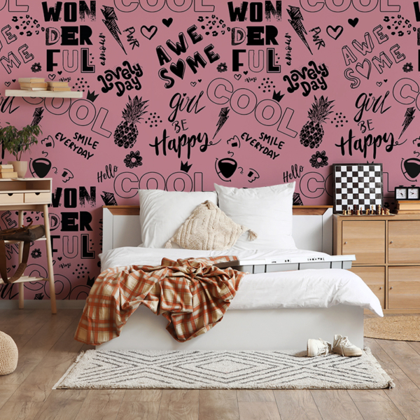 Fototapeta Mládežnická růžová s nápisy – Cool Wonderful Happy