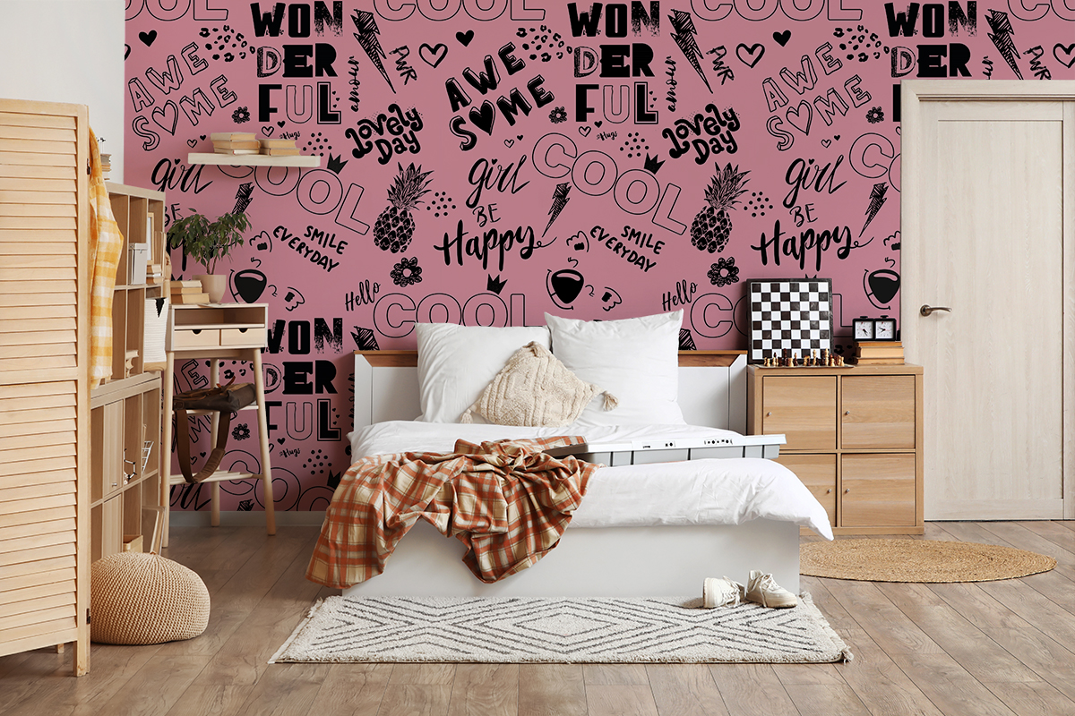 Fototapeta Mládežnická růžová s nápisy – Cool Wonderful Happy