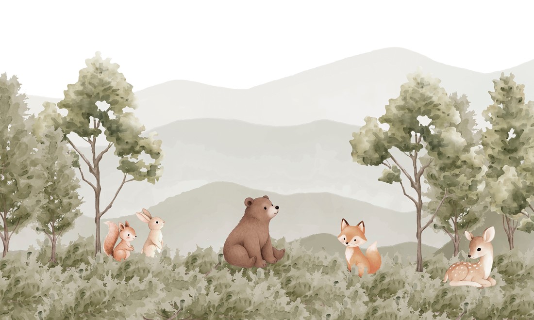 Watercolor,Forest,Scene,|,Woodland,Animals,And,Mountains,In,Gentle