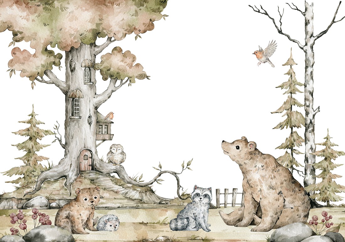 Watercolor,Composition,With,Forest,Animals,And,Autumn,Nature.,Brown,Bear,